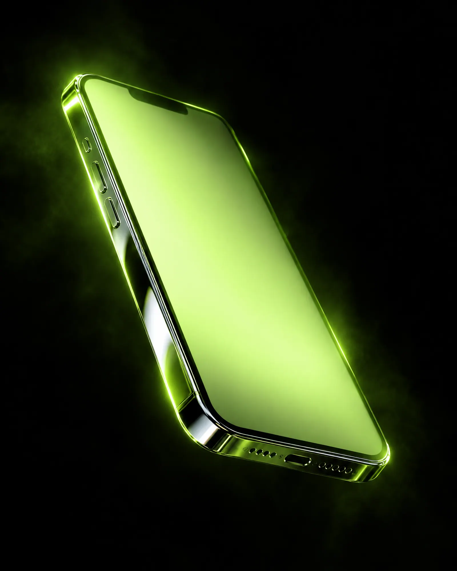 Chrome smartphone with a lime glass reflection
