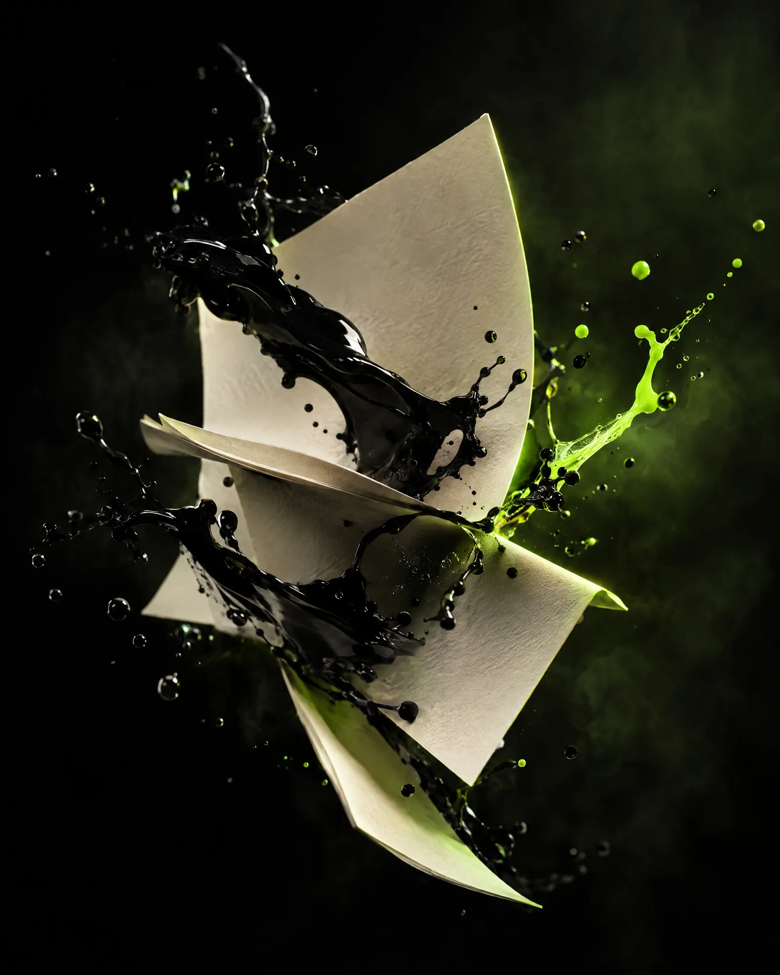 Paper and ink sheets caught mid-air with lime splashes