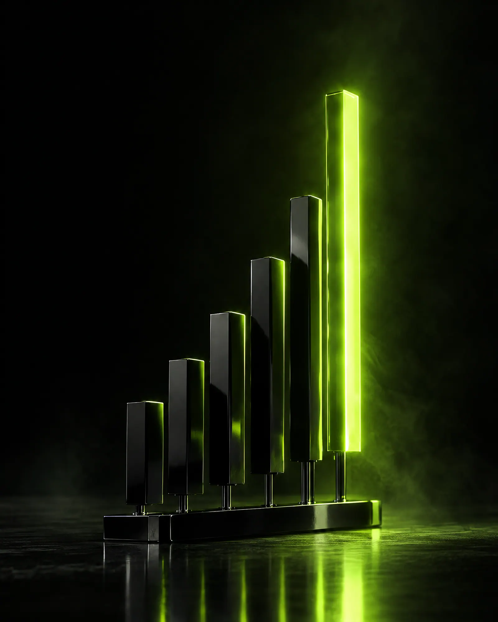 Rising bar-chart sculpture lit by a lime edge light