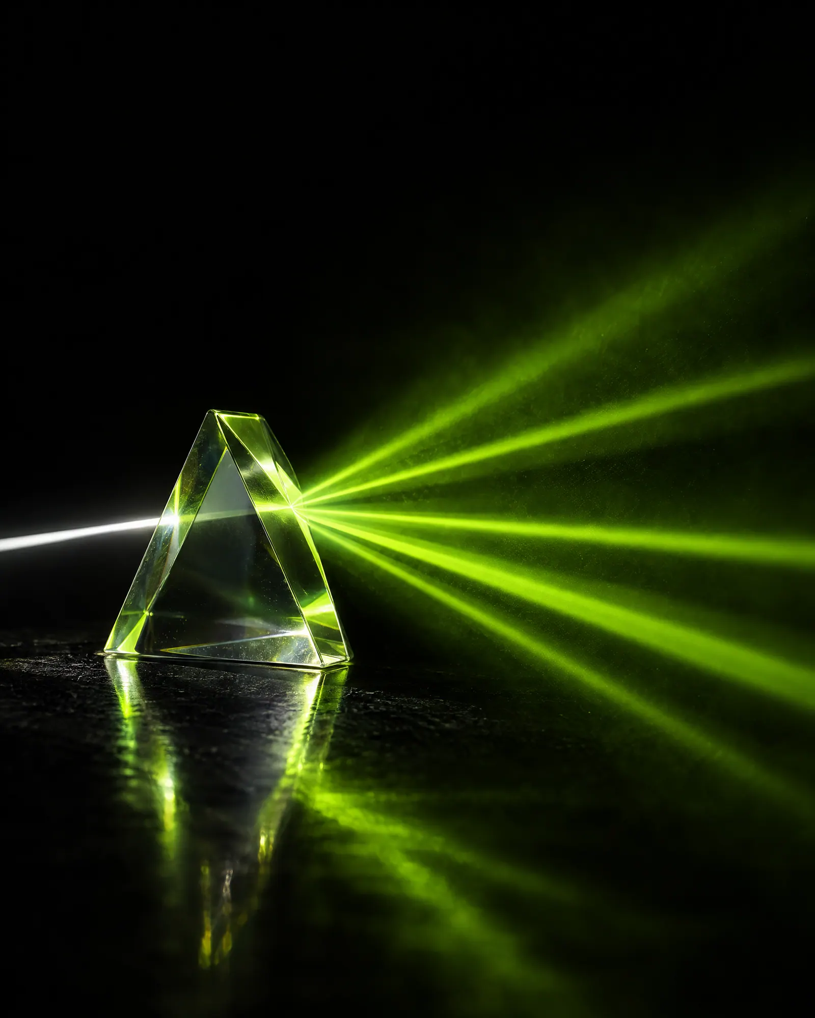 Glass prism splitting a beam of light into lime rays
