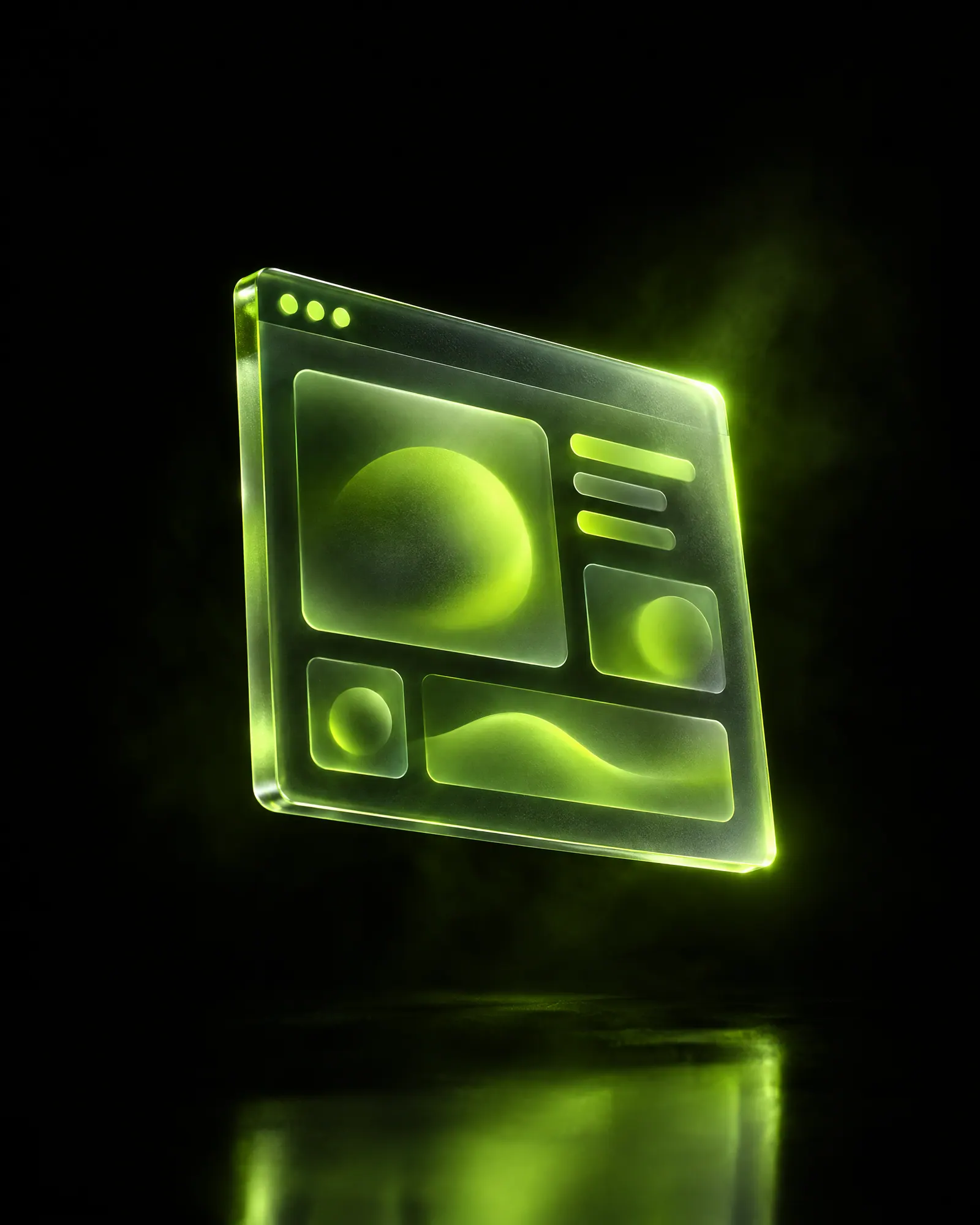 Glass browser window floating in a lime glow