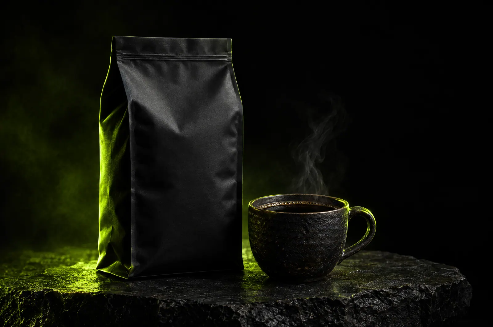 Black coffee bag and steaming cup on stone under a lime rim light