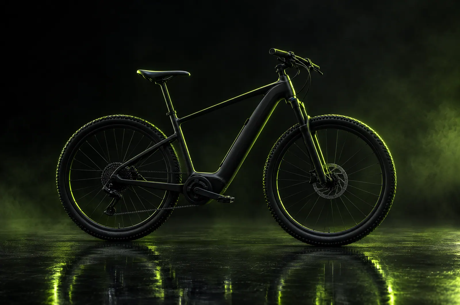 Matte black e-bike on a wet floor with a lime reflection